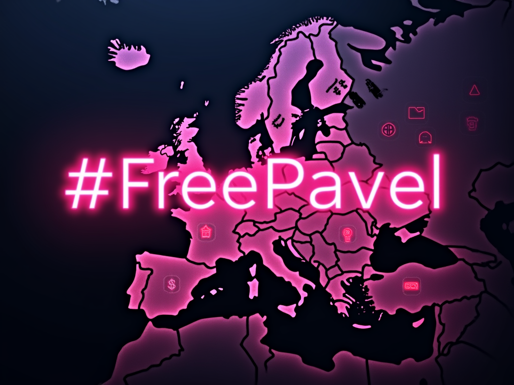 A digital scene with the #FreePavel hashtag glowing in neon pink, set against a dark background. The hashtag is prominently displayed over a stylized map of Europe, with France softly highlighted. Surrounding the hashtag are digital icons representing cryptocurrencies, decentralized networks, and communication platforms, all subtly illuminated. The overall atmosphere is tense, capturing the seriousness of Pavel Durov’s arrest and the global support from the crypto community.​⬤