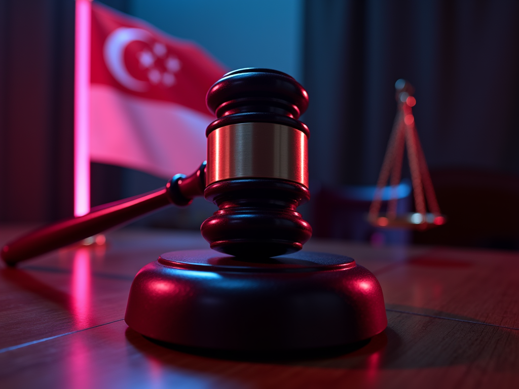 A hyper-realistic close-up of a judge’s gavel coming down on a wooden block in a Singapore courtroom. The gavel, highlighted by a dramatic neon pink glow, is frozen mid-motion, capturing the decisive moment of judgment. In the blurred background, the Singaporean flag is faintly visible, symbolizing the authority of the nation’s legal system. The scene is tense and solemn, with the neon pink and deep shadows enhancing the gravity of the legal decision being rendered.