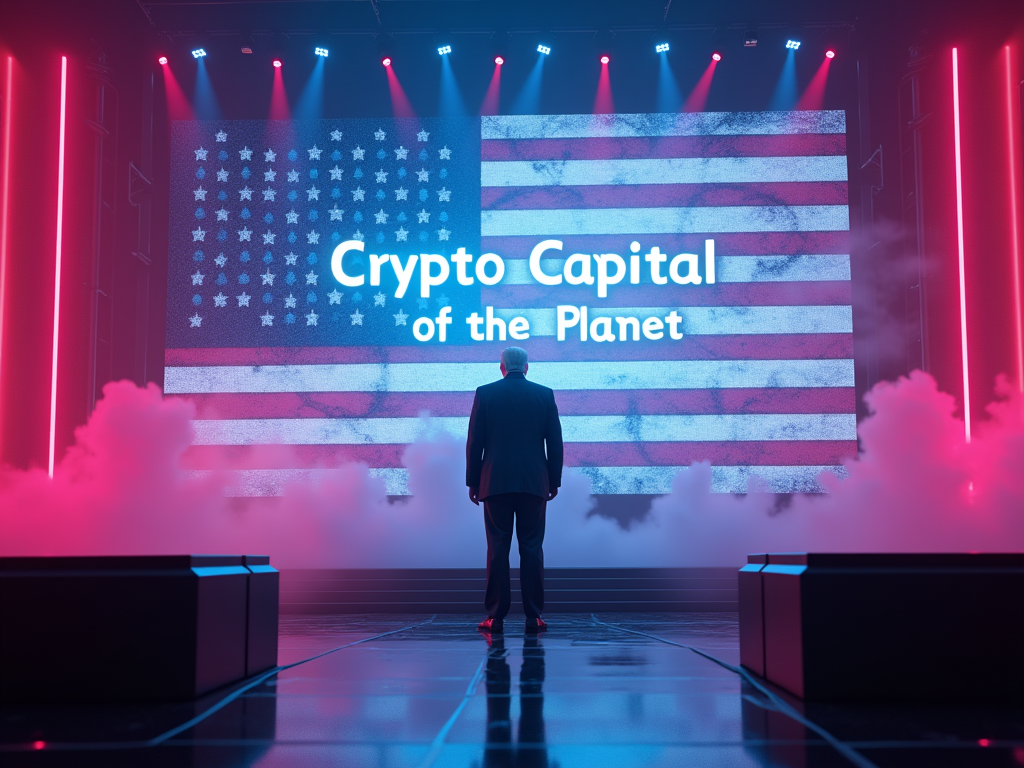 A hyper-realistic image of Donald Trump standing on a grand stage under neon pink and blue lights. Behind him is a massive digital screen with the text “Crypto Capital of the Planet.” The background features a stylized American flag subtly integrated with blockchain patterns. The atmosphere is vibrant and futuristic, conveying a visionary ambition to position the U.S. as a global leader in cryptocurrency.